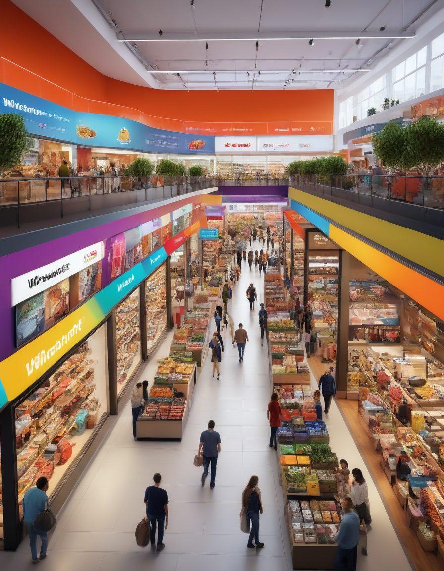 A bustling online marketplace with vibrant product listings, diverse customers happily engaging and shopping, and a futuristic interface showcasing Wilsomart's innovative features. Highlight the technological advancements and seamless user experience. super-realistic. vibrant colors. futuristic design.