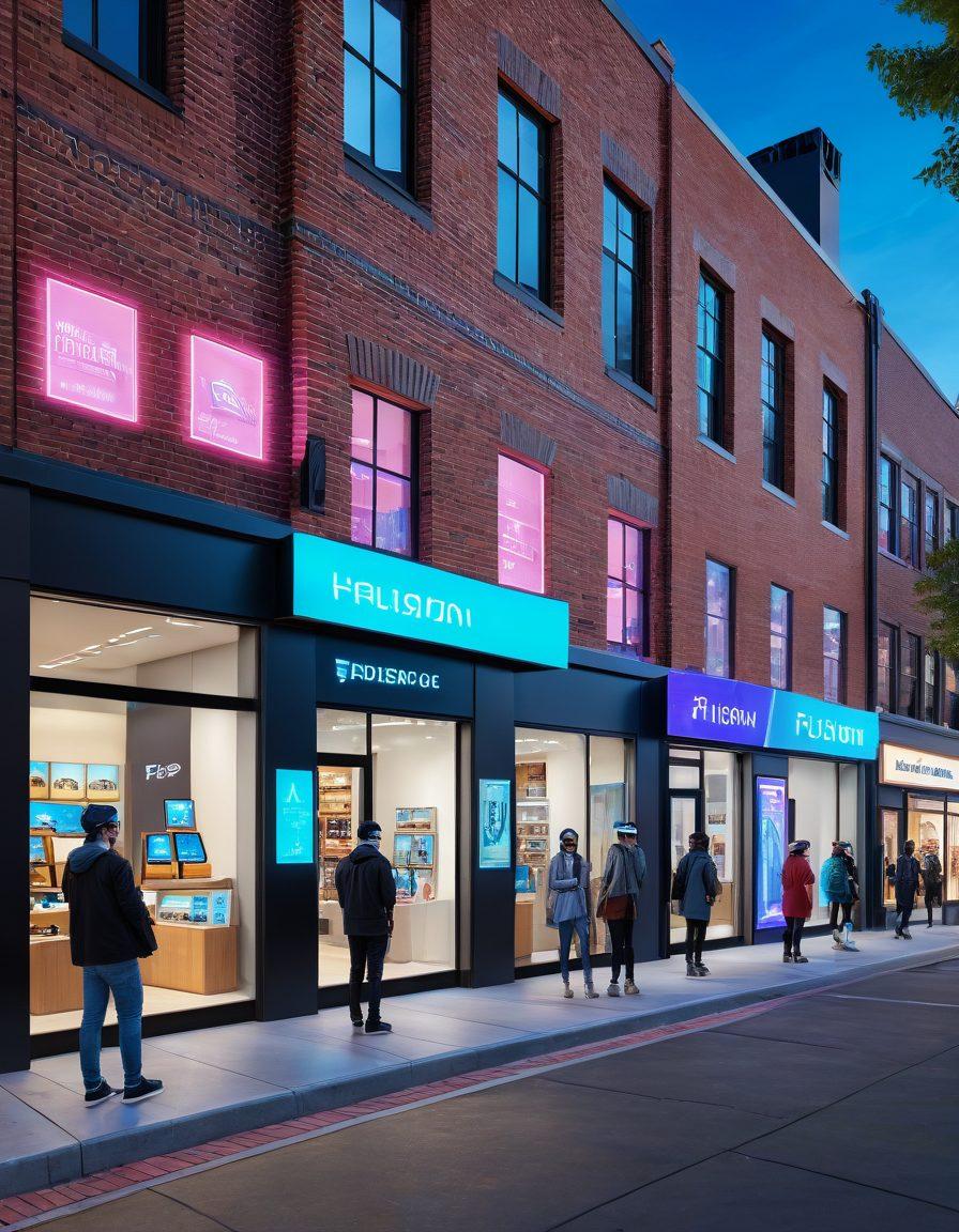 A futuristic cityscape with a sleek, modern virtual store front standing prominently, seamlessly blending with classic brick-and-mortar buildings. Shoppers in VR headsets are interacting with holographic product displays, illustrating the blend of traditional and digital commerce environments. Super-realistic. Vibrant colors.