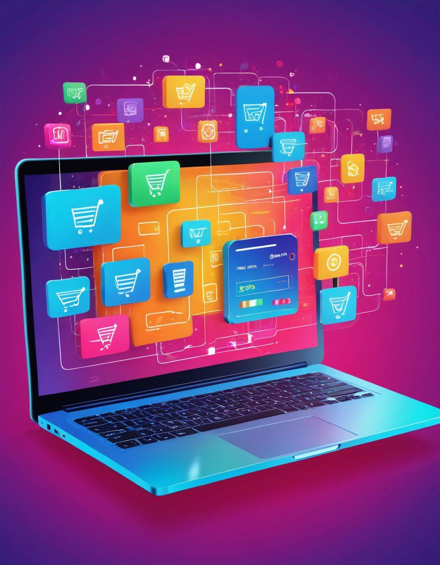 A dynamic, sleek visual representation of online shopping success: a laptop screen displaying a vibrant, bustling e-commerce website with happy, diverse customers surrounded by digital shopping carts, packages, and dollar signs radiating success. futuristic, high-tech, vector art, vibrant colors.